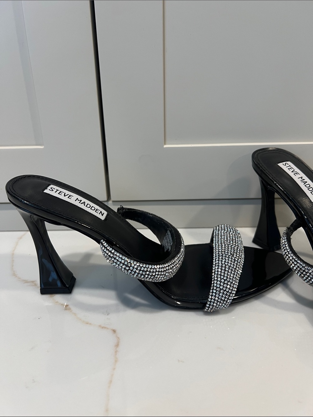 Steve Madden Black Patent Heels with Silver Crystal Straps